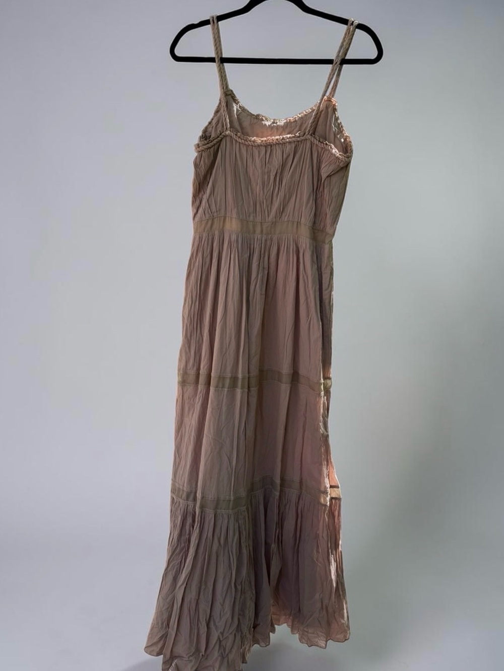 ALBERTA FERRETTI Cotton Tiered Maxi Dress Taupe Empire Waist Sz 8 Lined Flowy - Picture 9 of 9